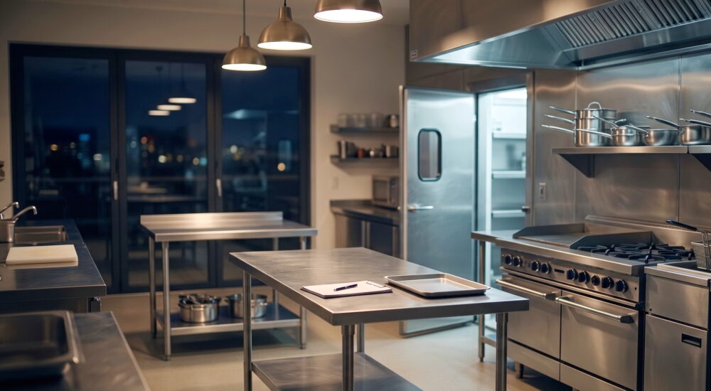 Commercial restaurant kitchen showing equipment and walk-in cooler — insurance coverage gaps in food service operations