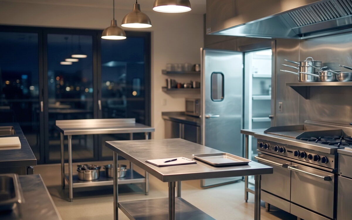 Commercial restaurant kitchen showing equipment and walk-in cooler — insurance coverage gaps in food service operations
