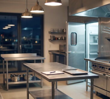 Commercial restaurant kitchen showing equipment and walk-in cooler — insurance coverage gaps in food service operations