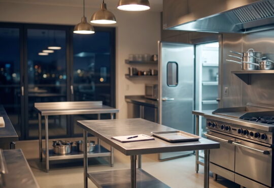 Commercial restaurant kitchen showing equipment and walk-in cooler — insurance coverage gaps in food service operations