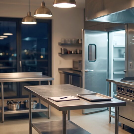 Commercial restaurant kitchen showing equipment and walk-in cooler — insurance coverage gaps in food service operations