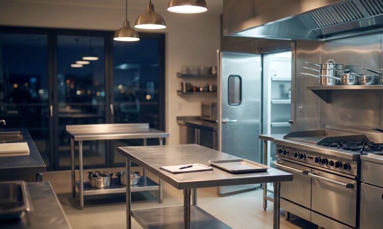 Commercial restaurant kitchen showing equipment and walk-in cooler — insurance coverage gaps in food service operations